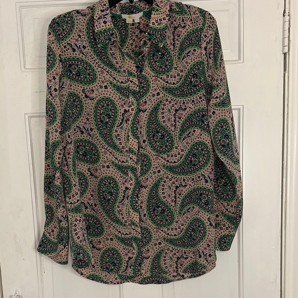 Boden 100  silk Print Long-Sleeve Blouse in Green and Tan